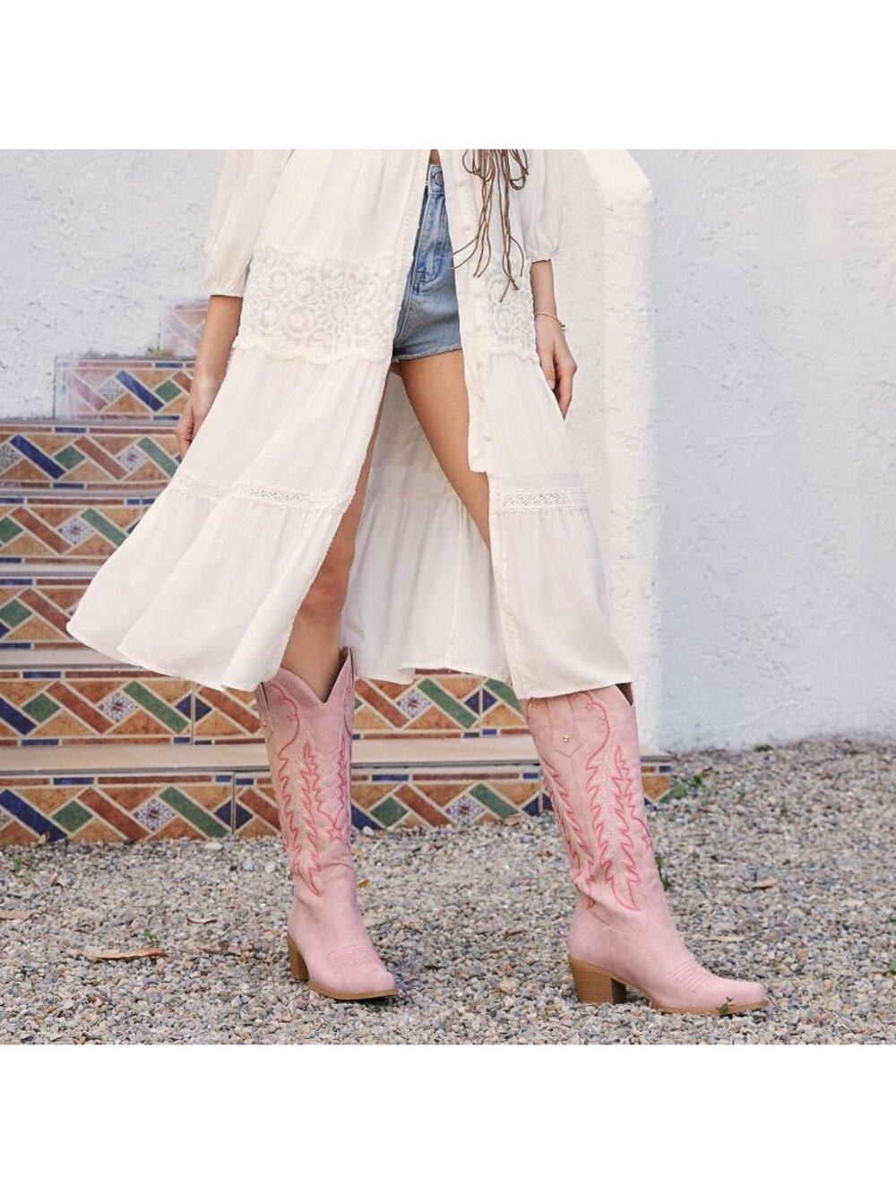 Women's Pink Cowboy Knee High Cowgirl Boots Pointed Toe Chunky Heels - Picture 3 of 6